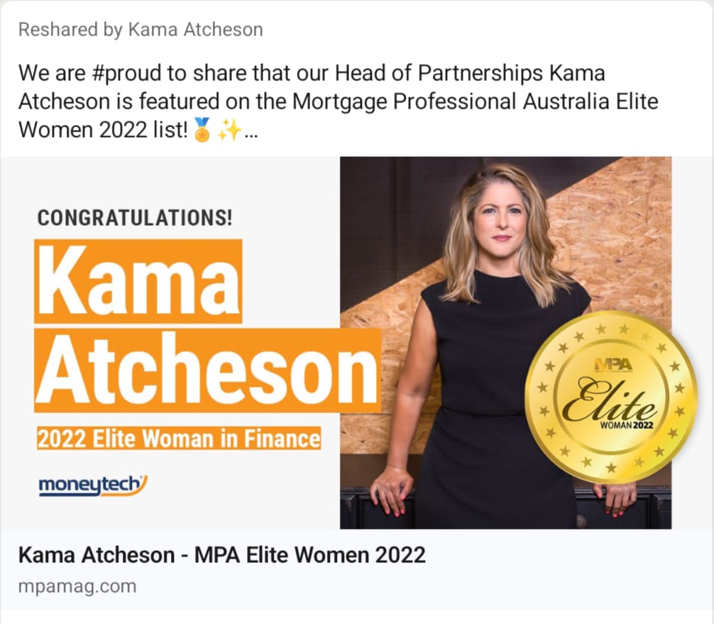 Moneytech announcement of Kama Atcheson's MPA Elite Women 2022 recognition